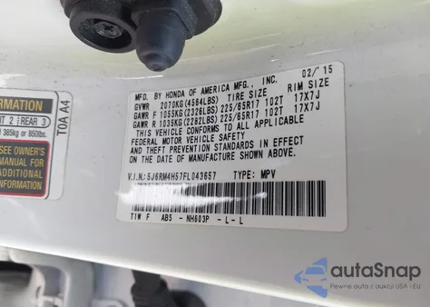 2015 Honda Cr-V Ex z USA, uszkodzony, nr VIN 5J6RM4H57FL043657